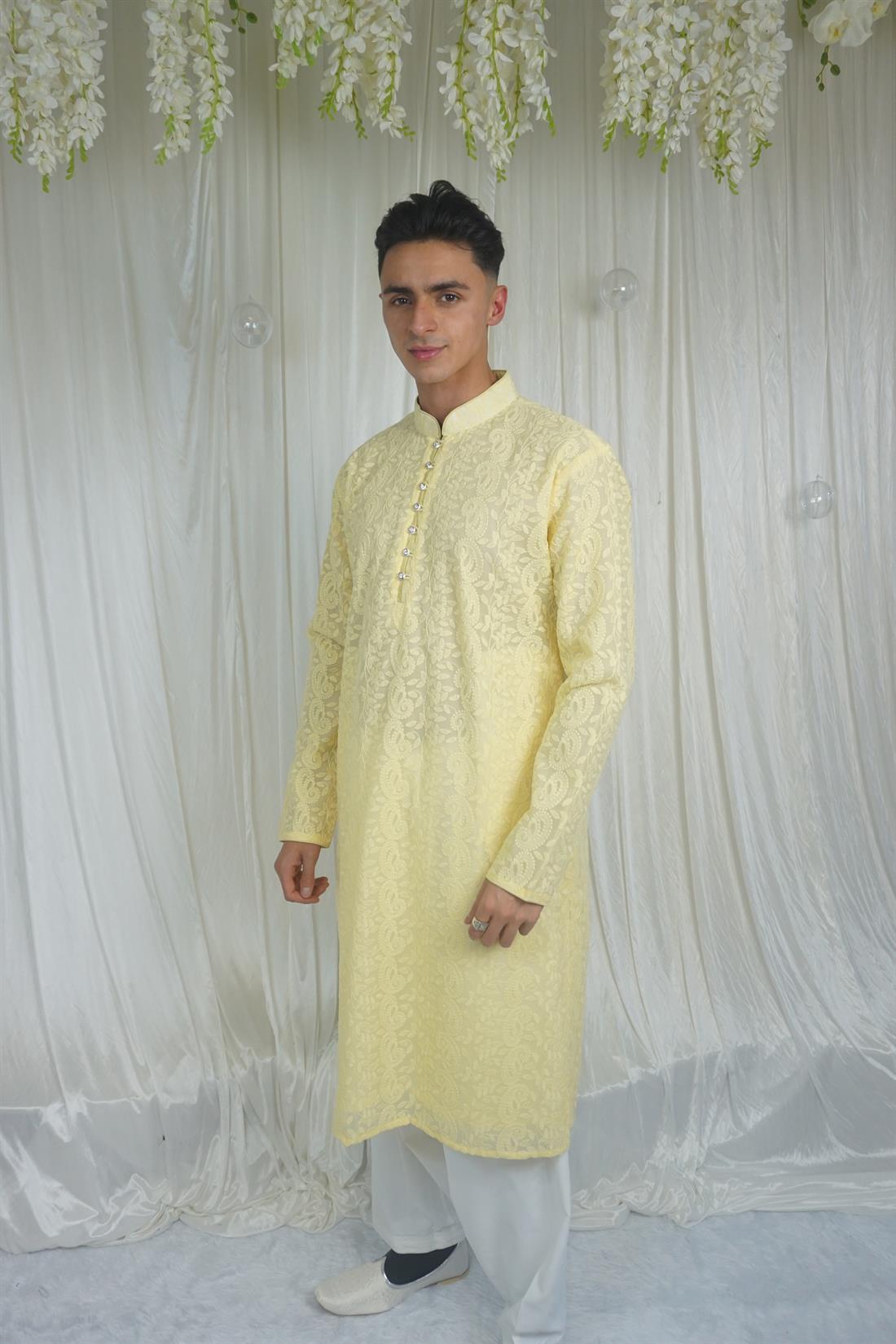 Yellow Lucknowi Chicken Kurta with Pyjama
