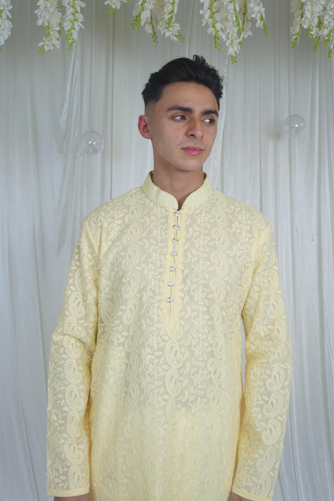 Yellow Lucknowi Chicken Kurta with Pyjama