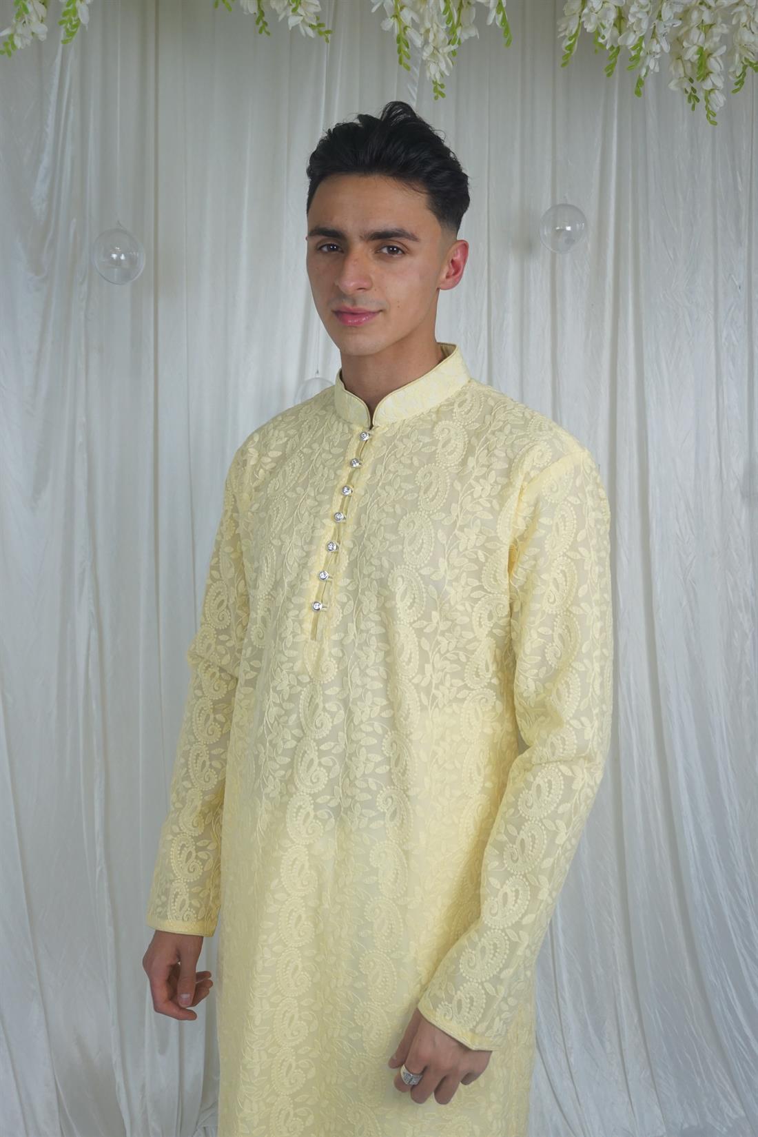 Yellow Lucknowi Chicken Kurta with Pyjama