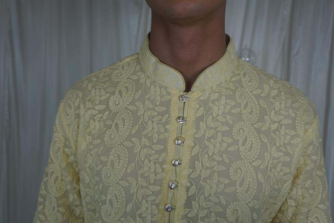 Yellow Lucknowi Chicken Kurta with Pyjama
