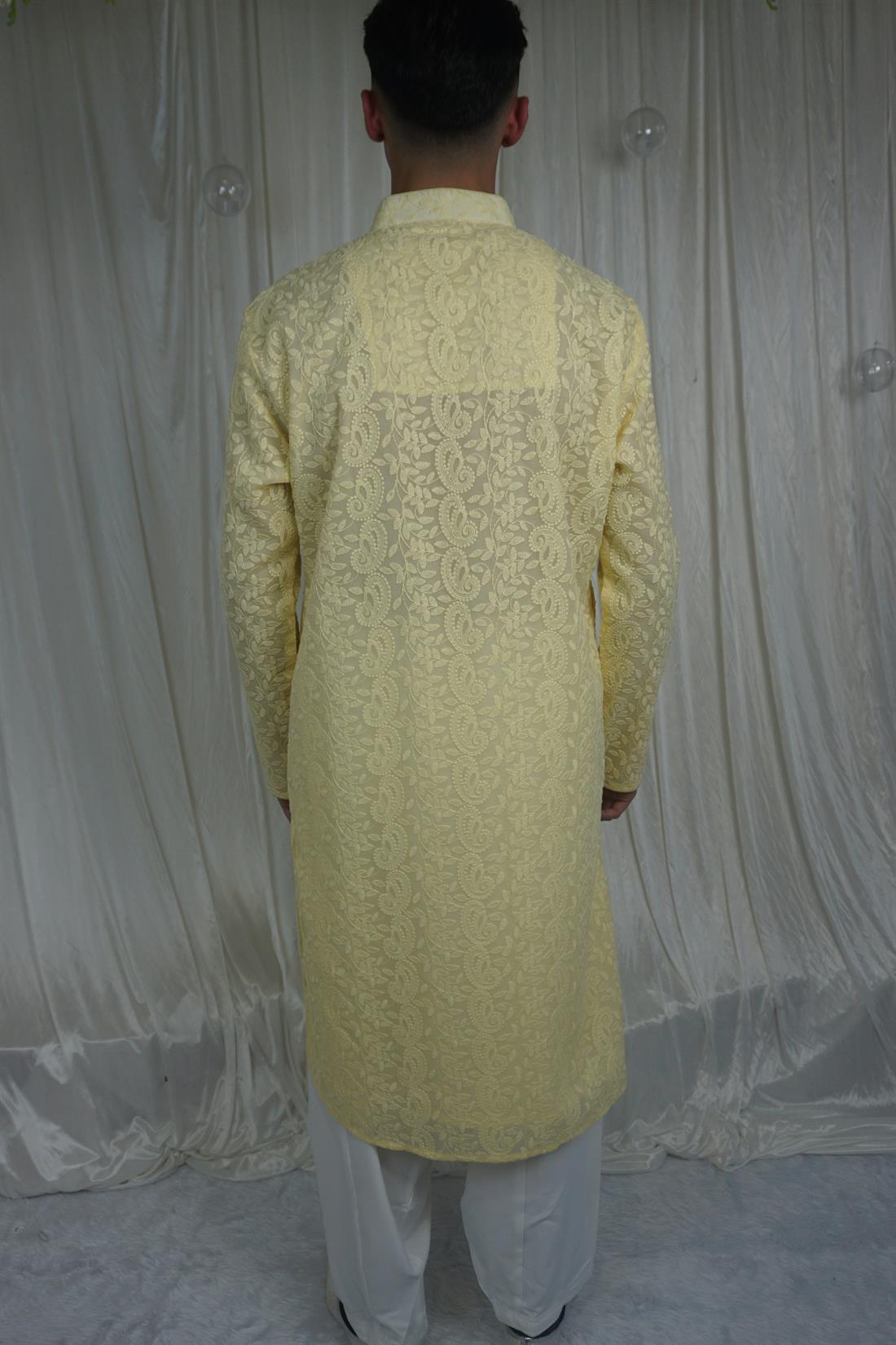 Yellow Lucknowi Chicken Kurta with Pyjama