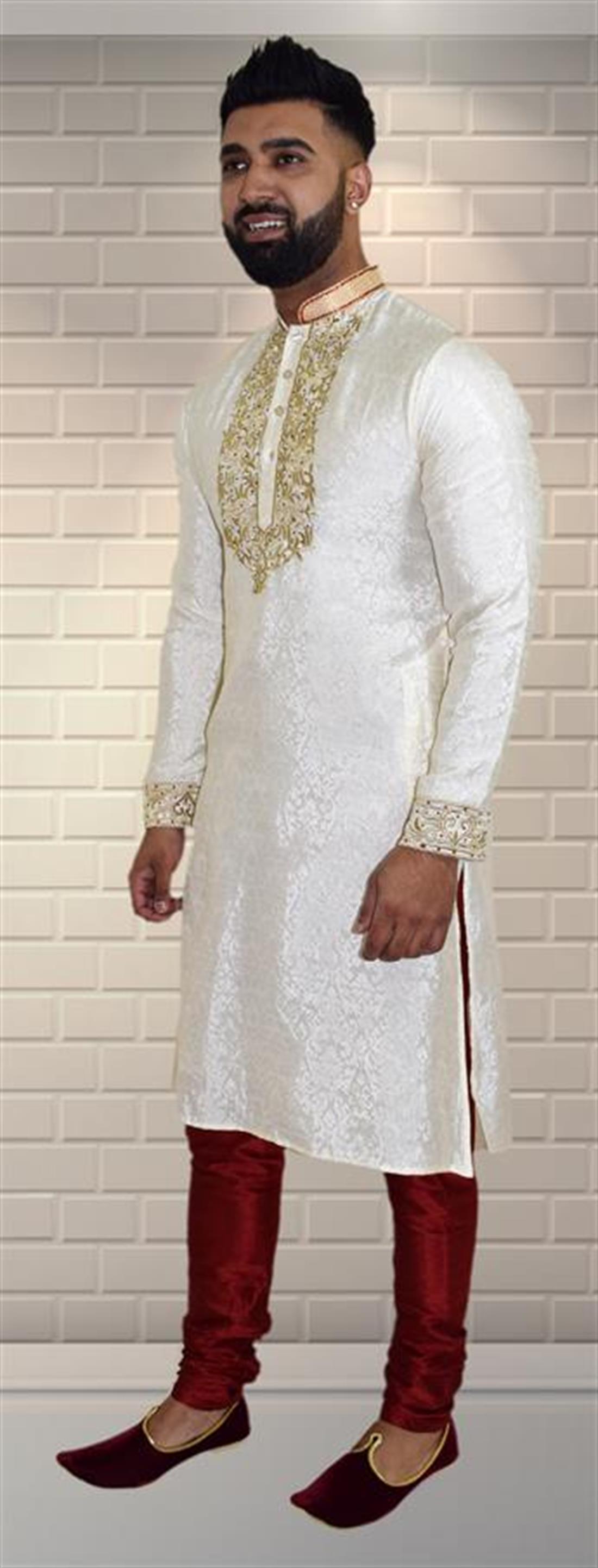 Cream & Maroon Mens Kurta Pajama