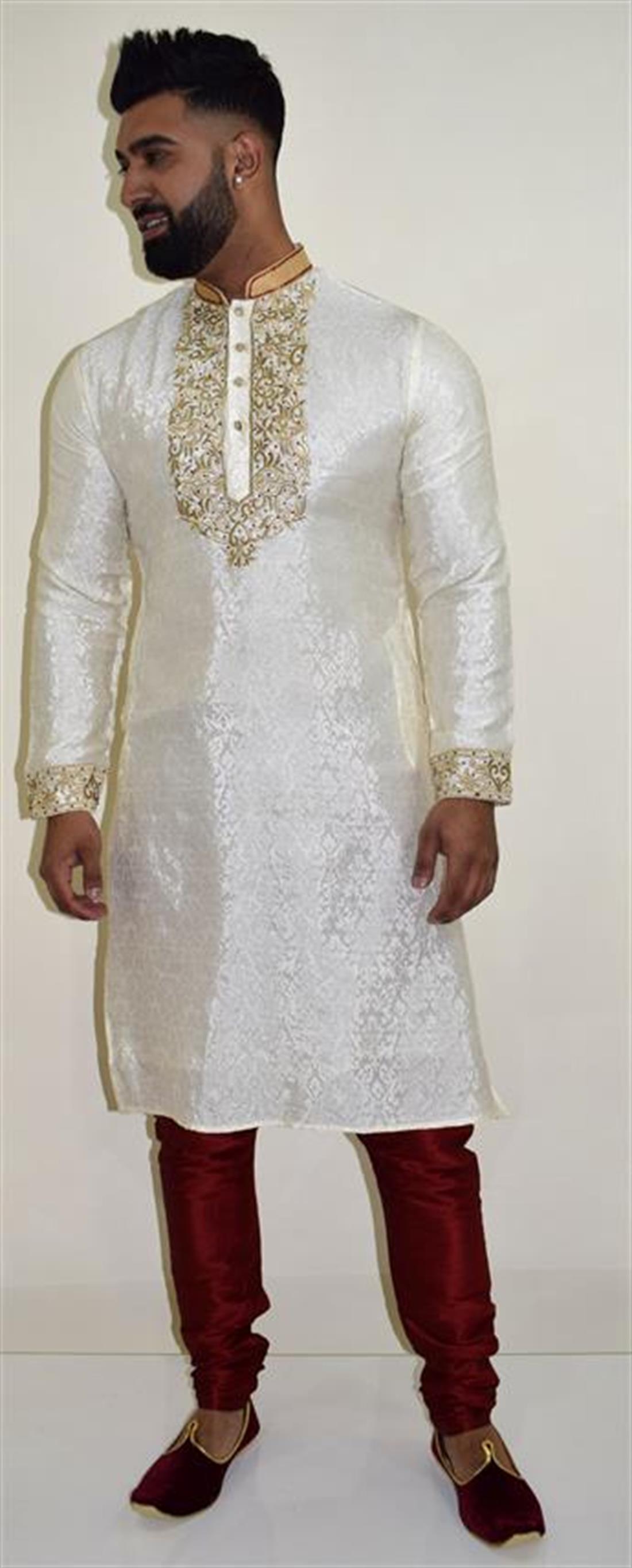 Cream & Maroon Mens Kurta Pajama