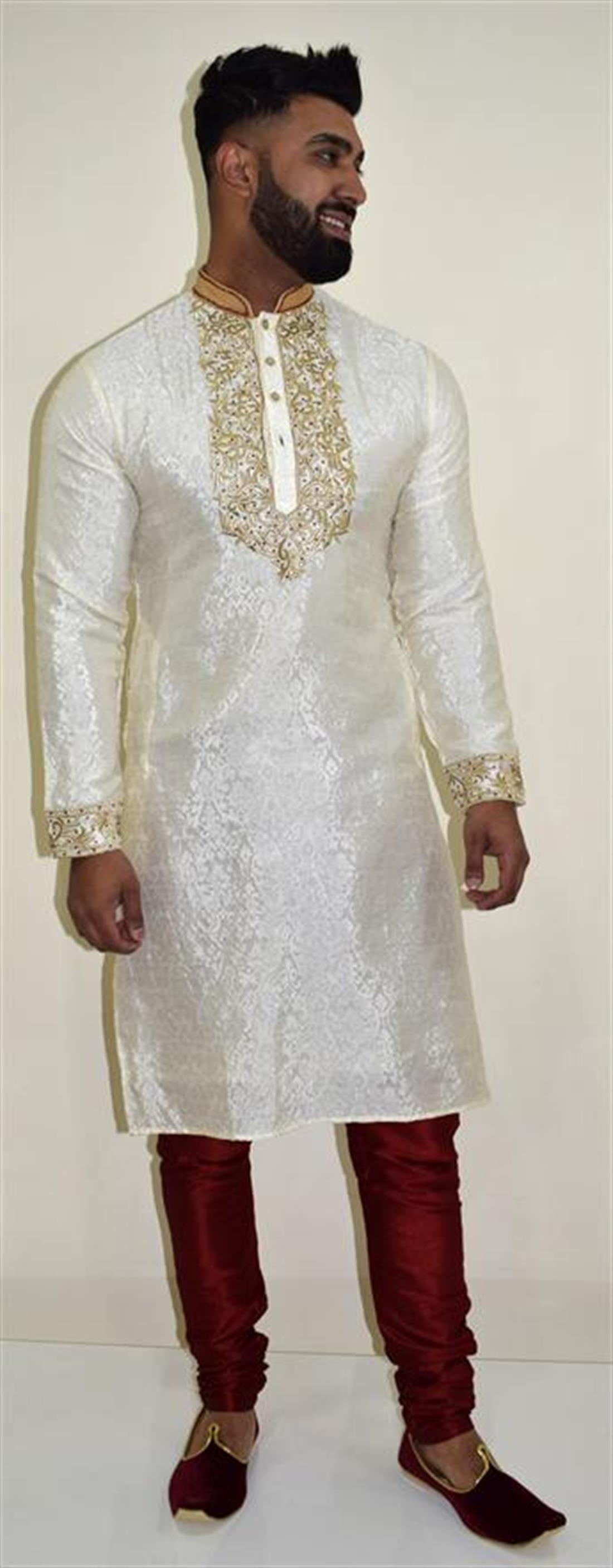 Cream & Maroon Mens Kurta Pajama