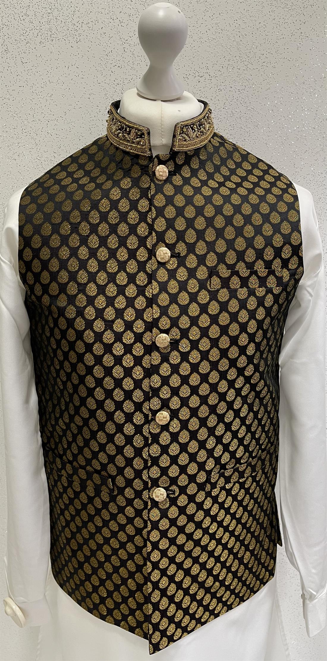 Black & Gold Mens Brocade Waistcoat with Embroidery on the Collar