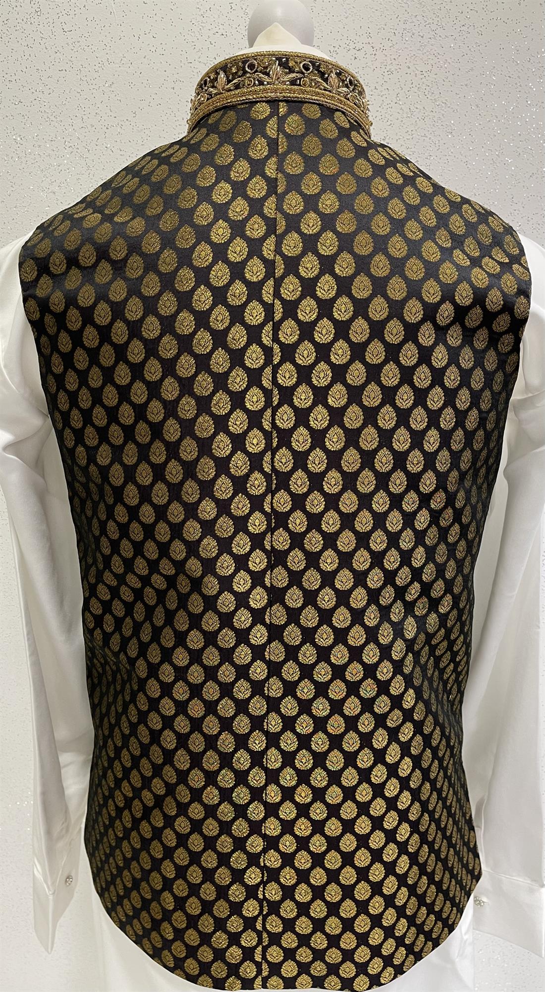 Black & Gold Mens Brocade Waistcoat with Embroidery on the Collar