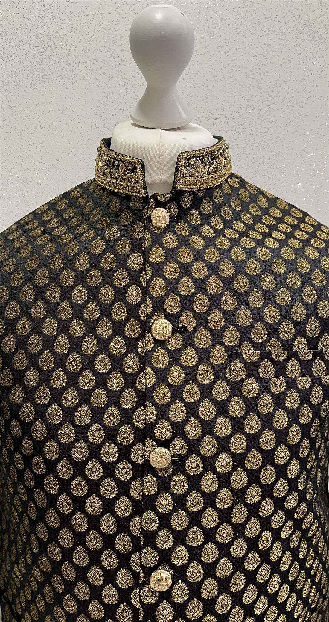 Black & Gold Mens Brocade Waistcoat with Embroidery on the Collar