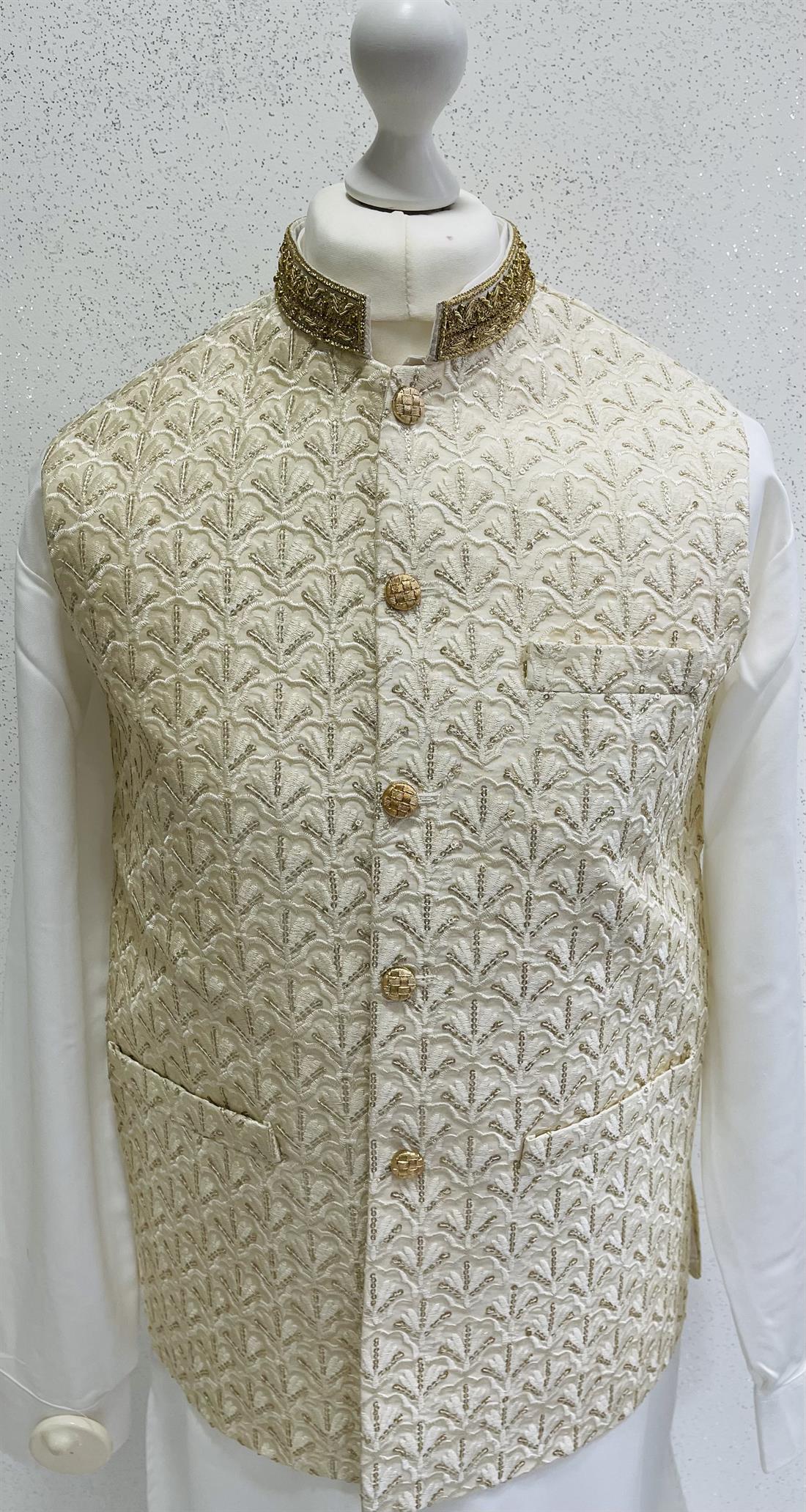 Cream Embroidered Mens Waistcoat