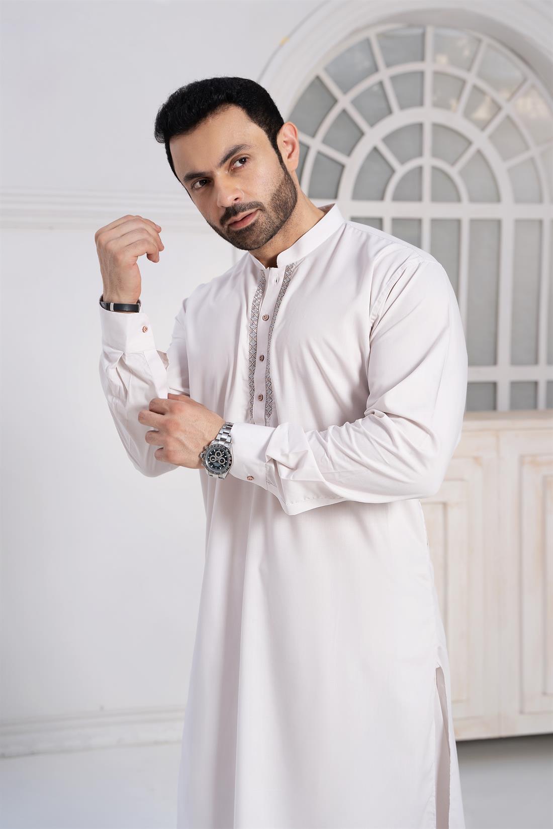 Dusty Rose Mens Kurta Shalwar with Machine Embroidery