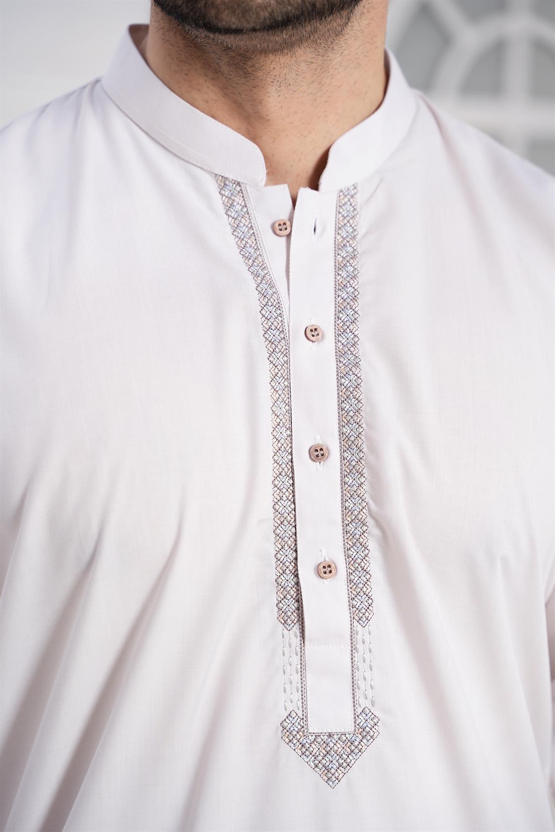 Dusty Rose Mens Kurta Shalwar with Machine Embroidery