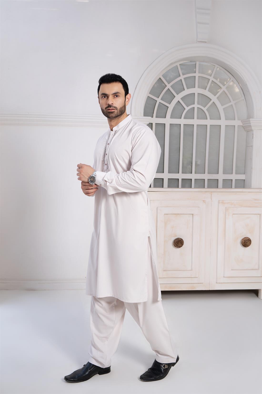 Dusty Rose Mens Kurta Shalwar with Machine Embroidery
