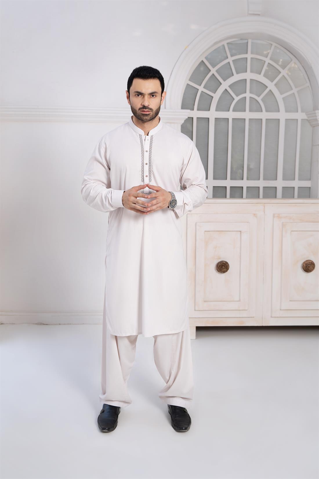 Dusty Rose Mens Kurta Shalwar with Machine Embroidery