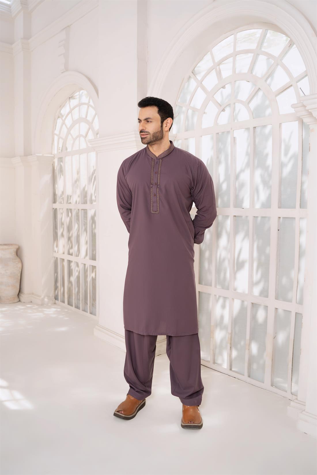 Purple Mens Kurta Shalwar with Machine Embroidery