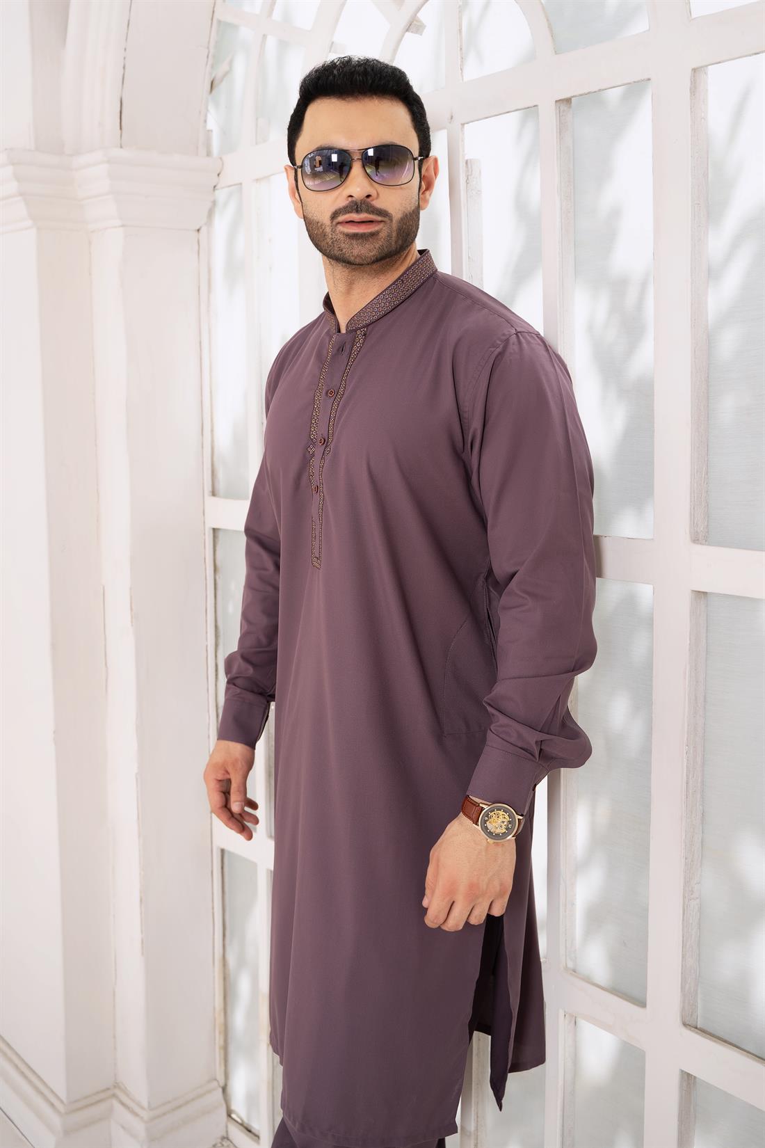 Purple Mens Kurta Shalwar with Machine Embroidery