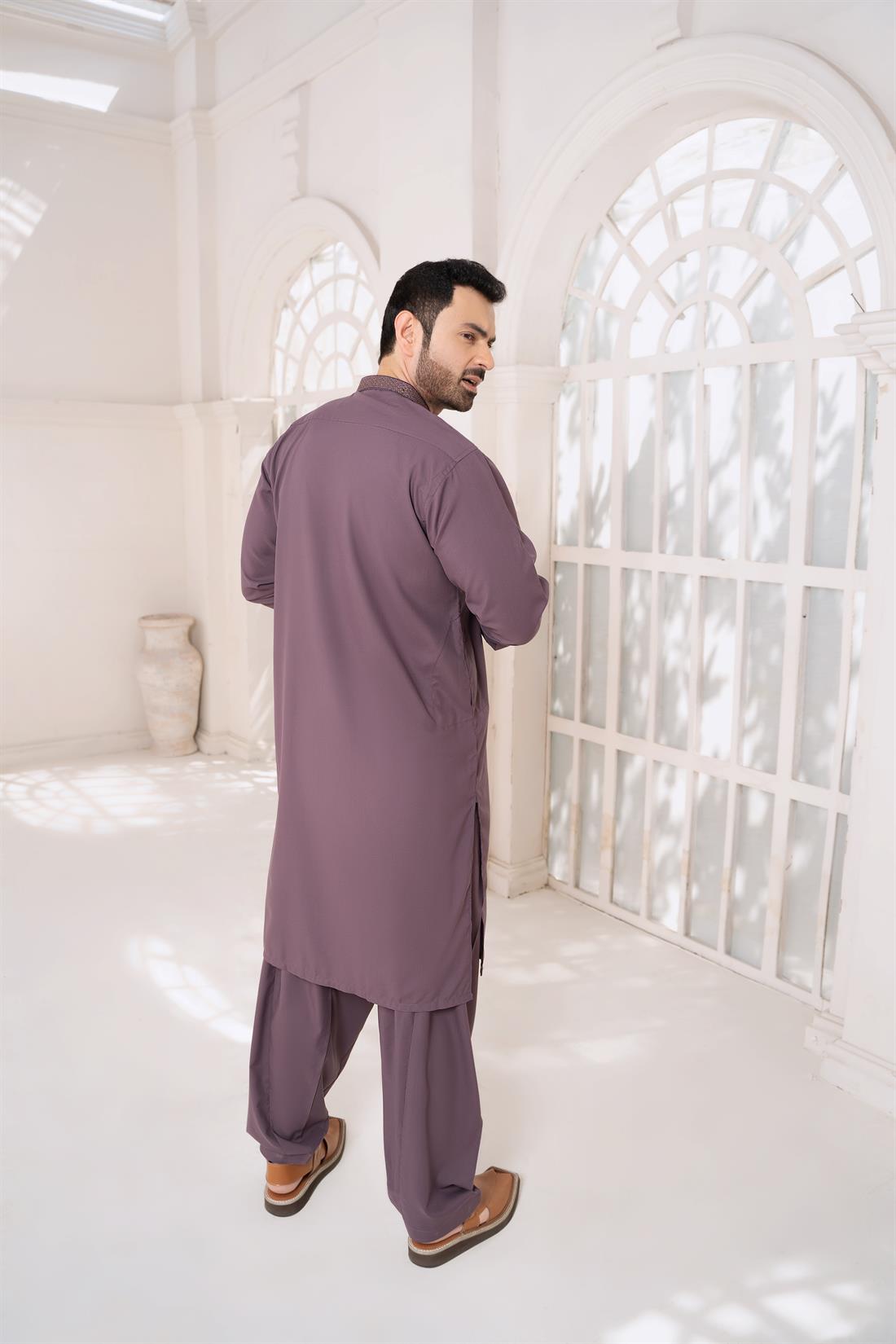 Purple Mens Kurta Shalwar with Machine Embroidery