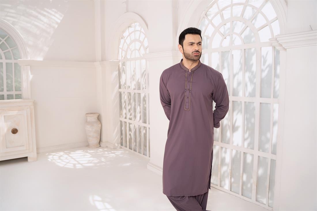 Purple Mens Kurta Shalwar with Machine Embroidery