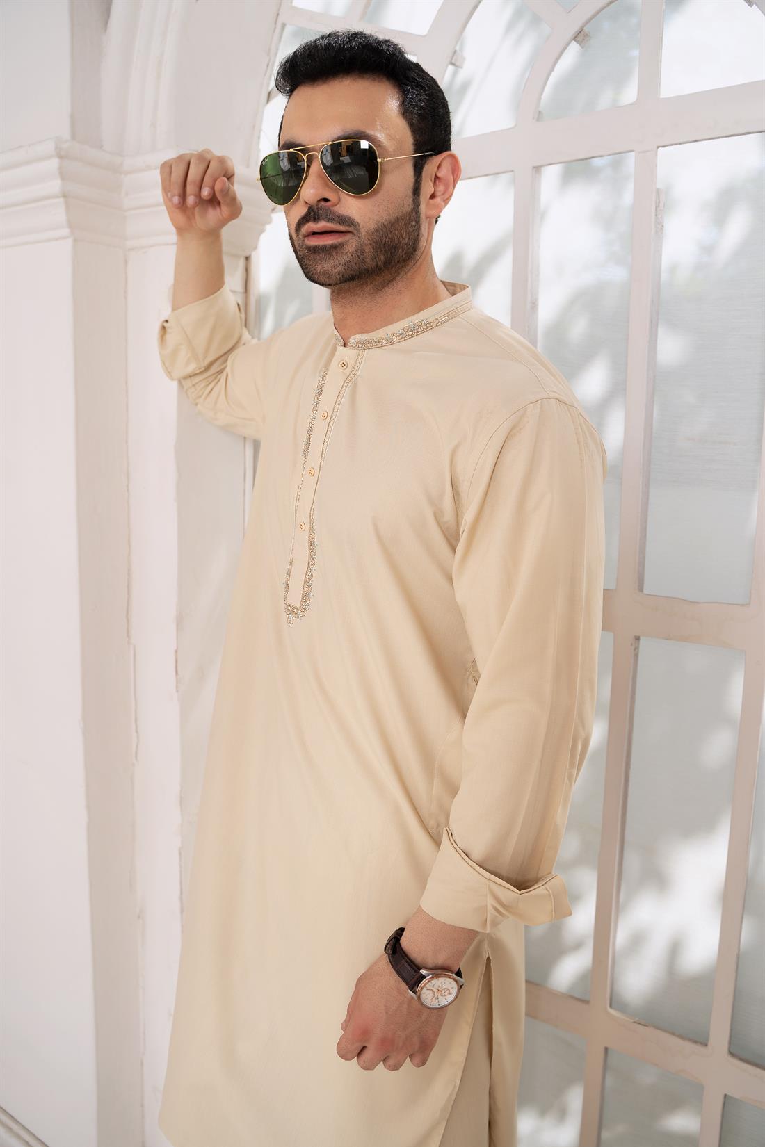 Caramel Mens Kurta Shalwar with Machine Embroidery
