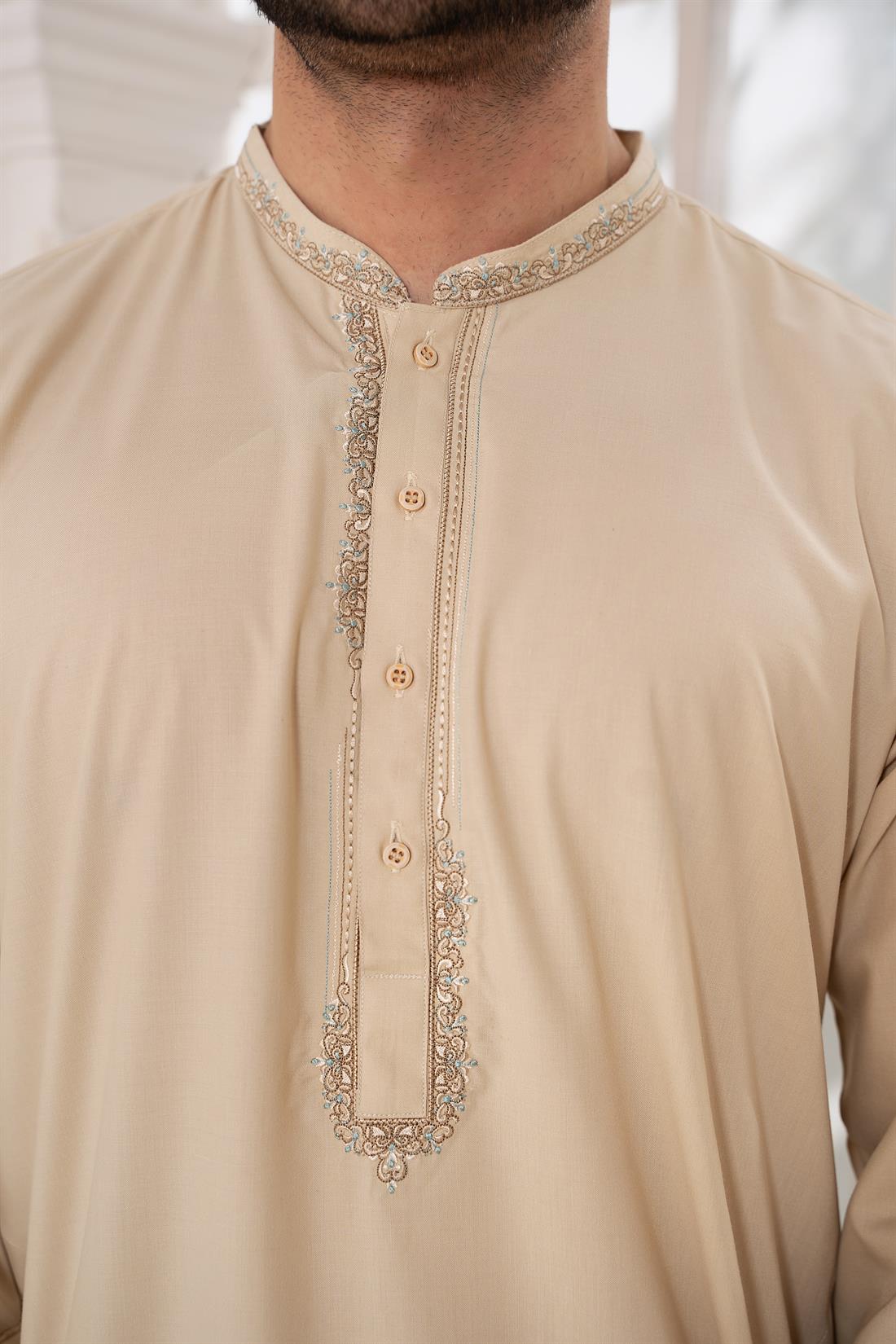 Caramel Mens Kurta Shalwar with Machine Embroidery