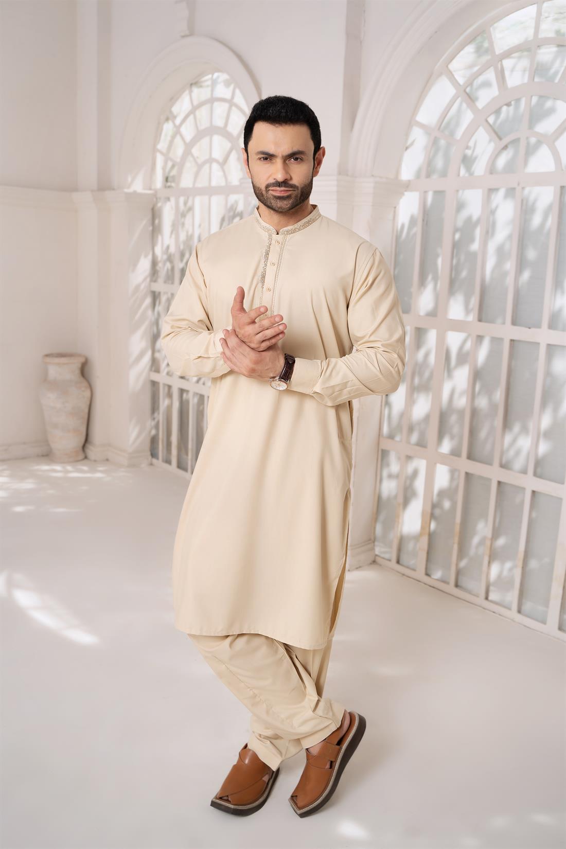 Caramel Mens Kurta Shalwar with Machine Embroidery