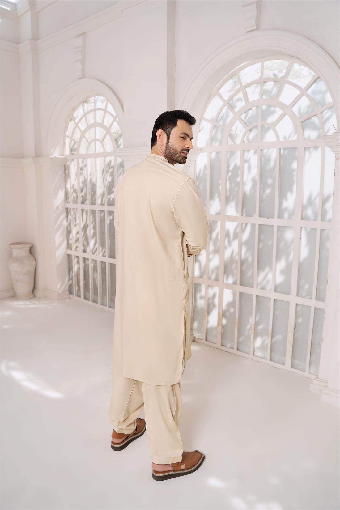 Caramel Mens Kurta Shalwar with Machine Embroidery