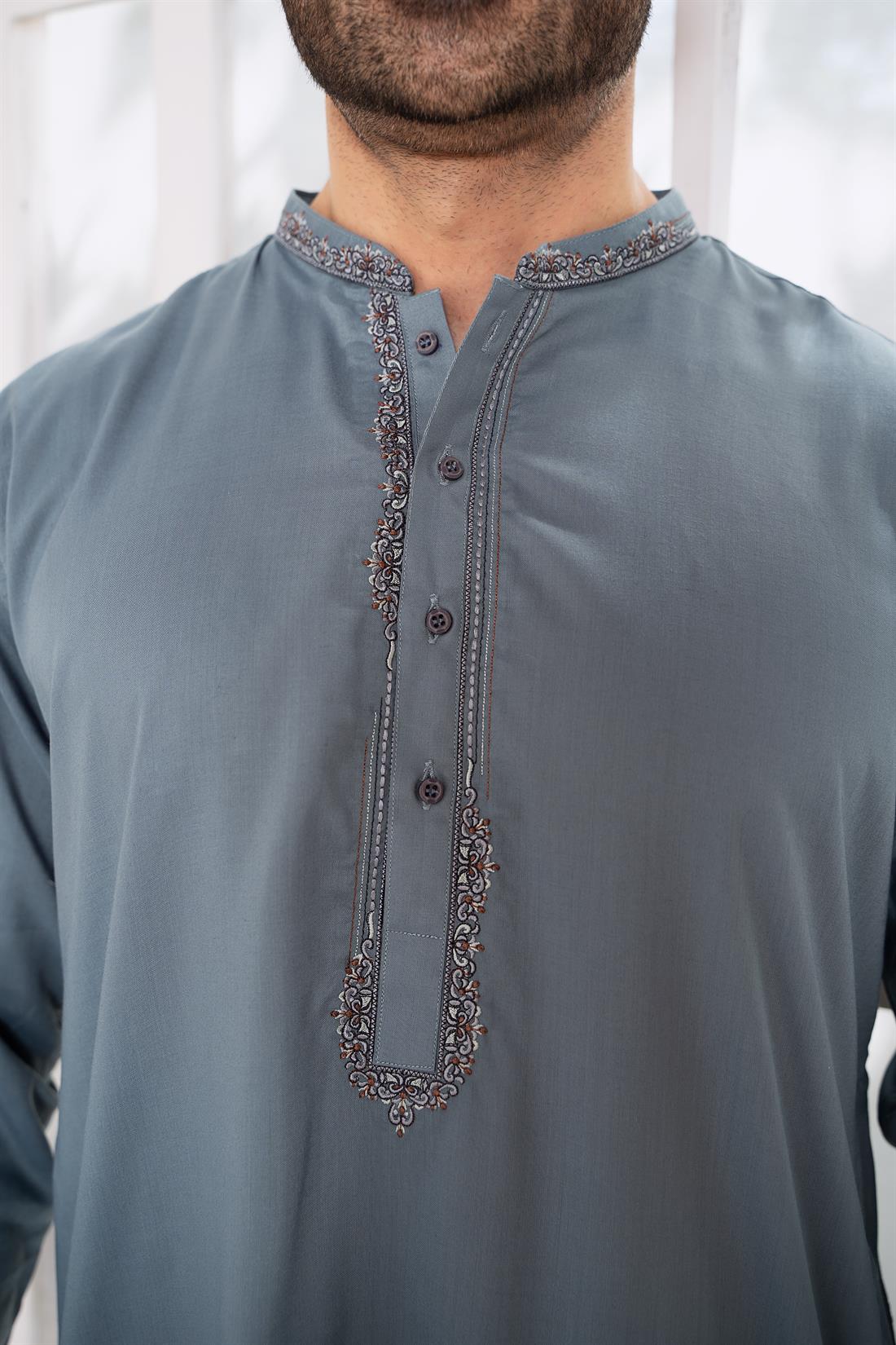 Teal Mens Kurta Shalwar with Machine Embroidery