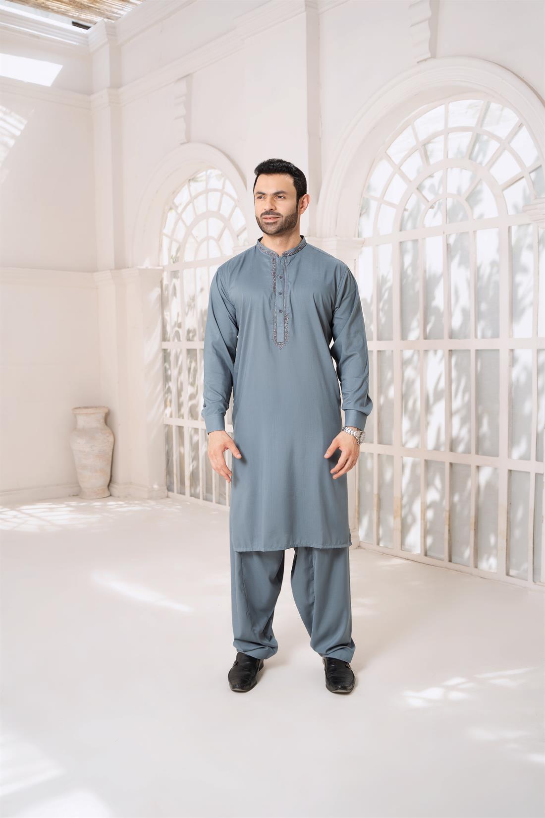Teal Mens Kurta Shalwar with Machine Embroidery