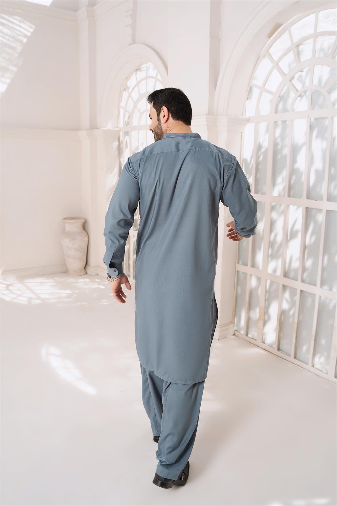 Teal Mens Kurta Shalwar with Machine Embroidery