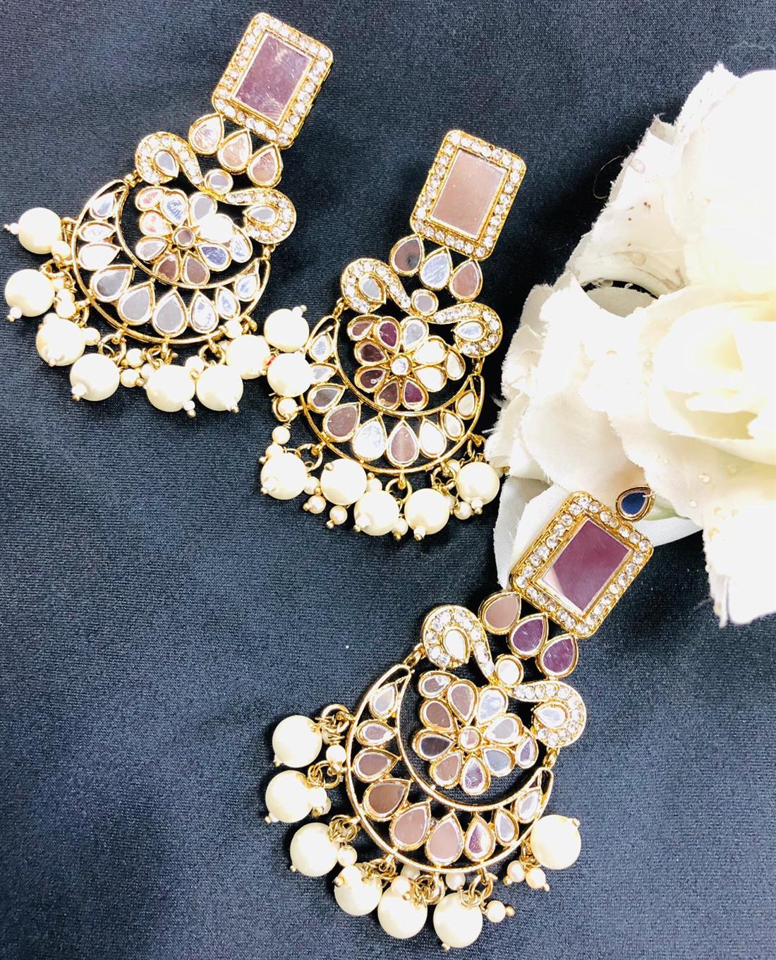 Beige & Gold Mirror Stone Earrings with a Statement Tikka Headpiece.
