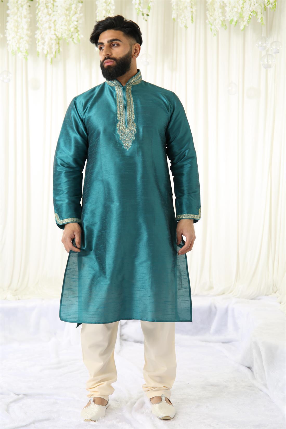 Teal & Gold Art Dupion Kurta with Embroidery.