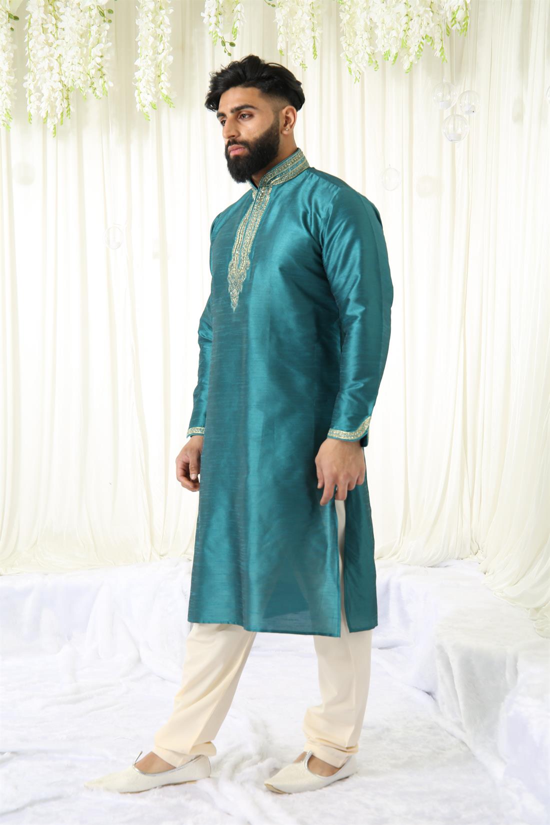 Teal & Gold Art Dupion Kurta with Embroidery.
