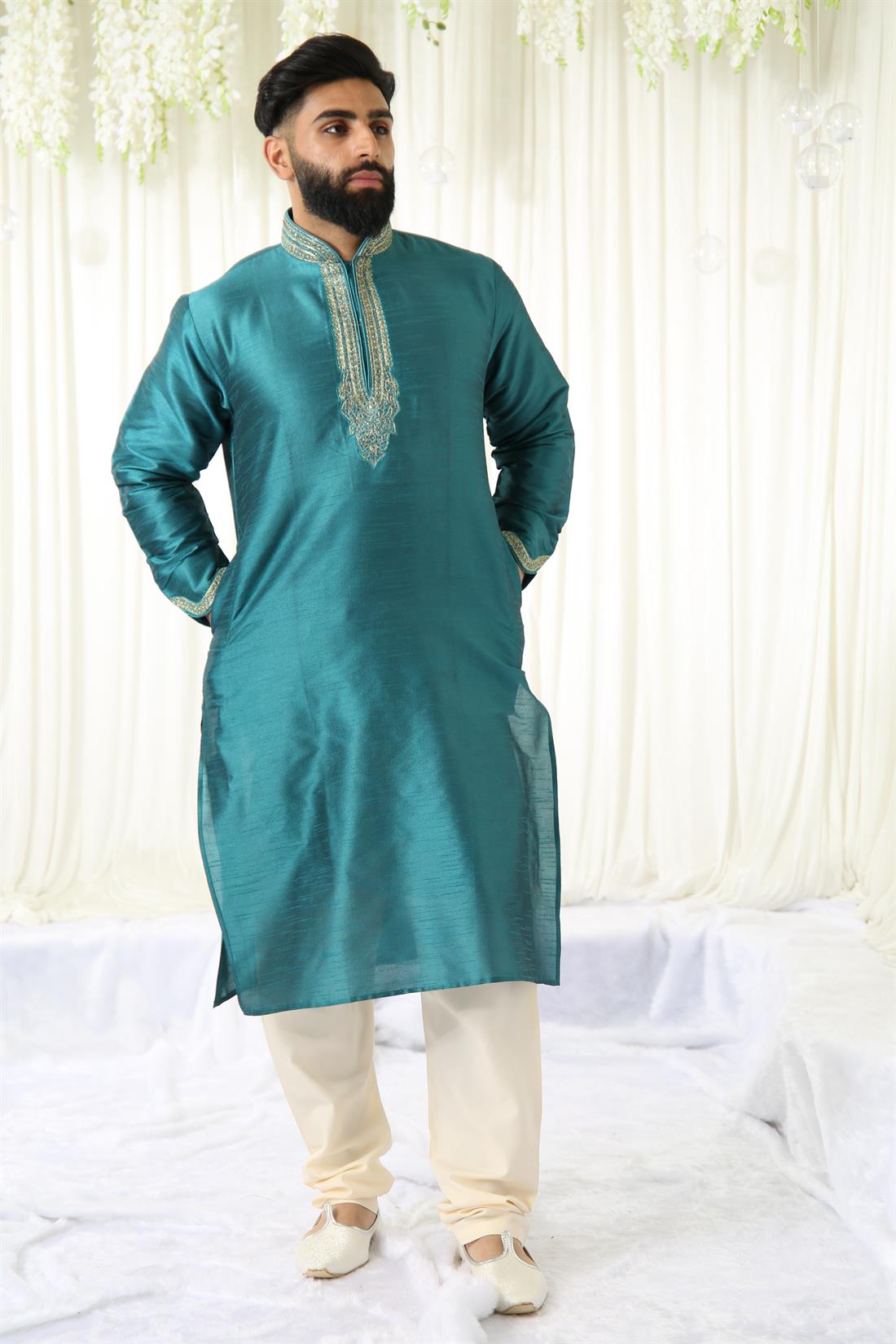 Teal & Gold Art Dupion Kurta with Embroidery.