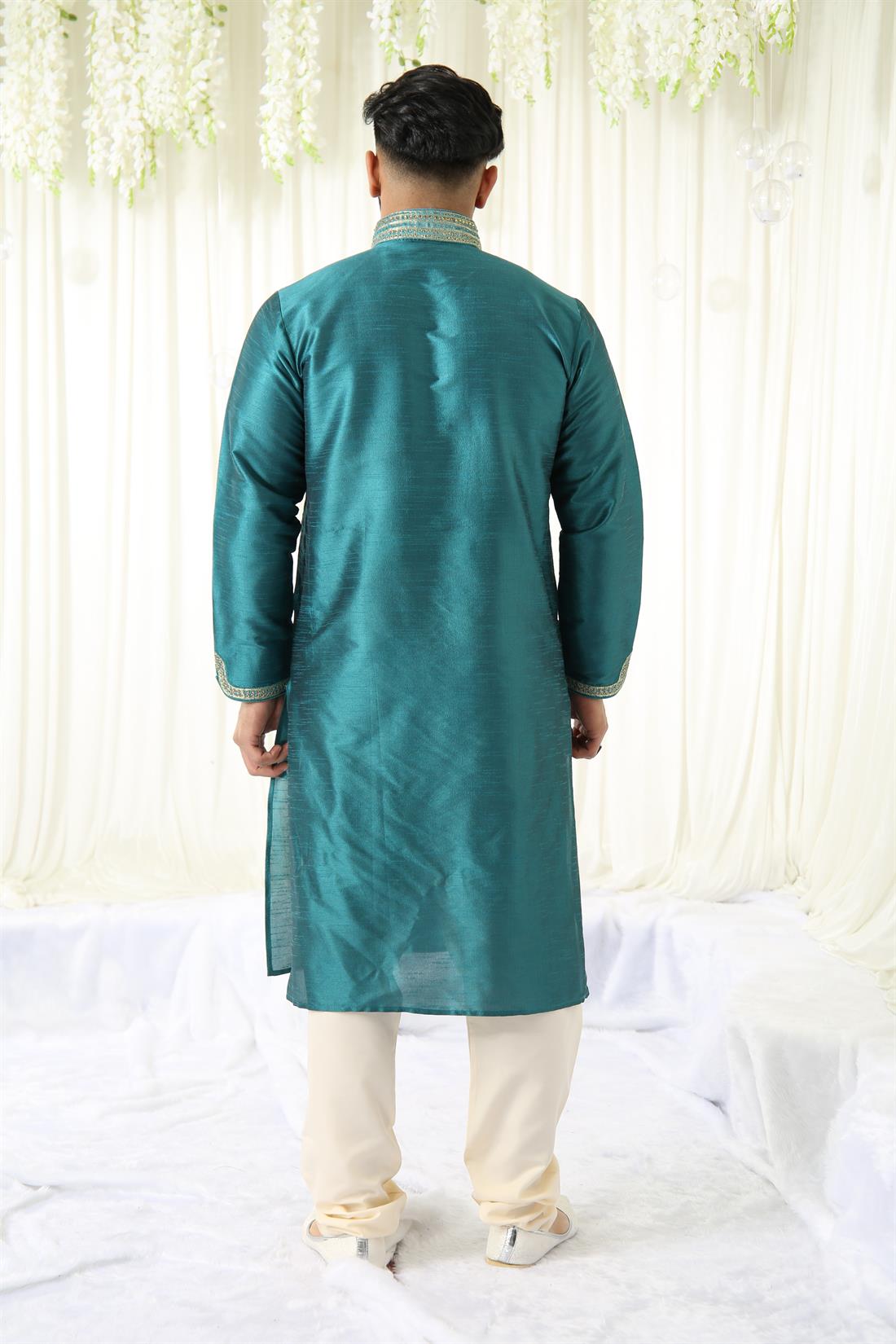Teal & Gold Art Dupion Kurta with Embroidery.