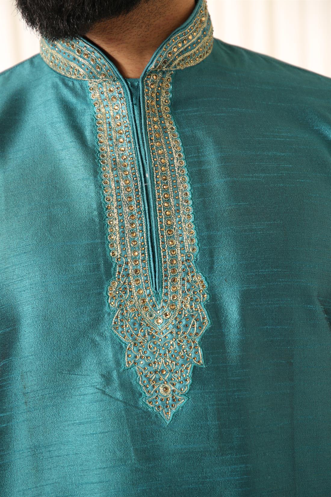 Teal & Gold Art Dupion Kurta with Embroidery.