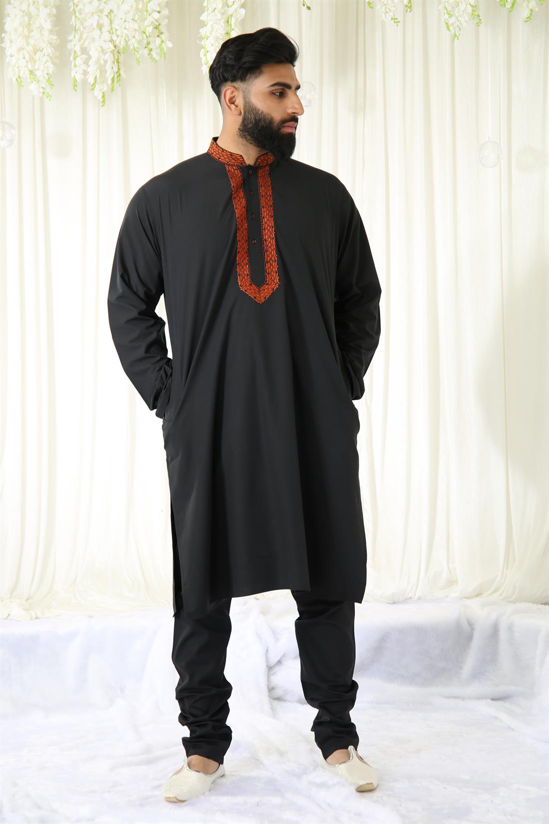 Black & Orange Plain Kurta with Machine Embroidery.