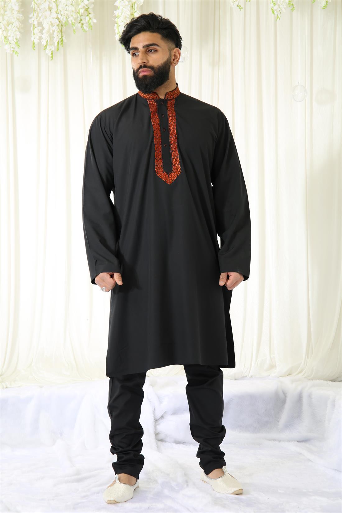 Black & Orange Plain Kurta with Machine Embroidery.