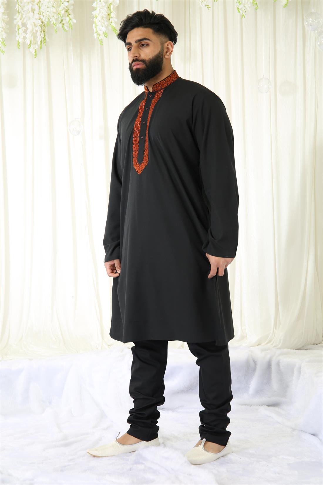 Black & Orange Plain Kurta with Machine Embroidery.