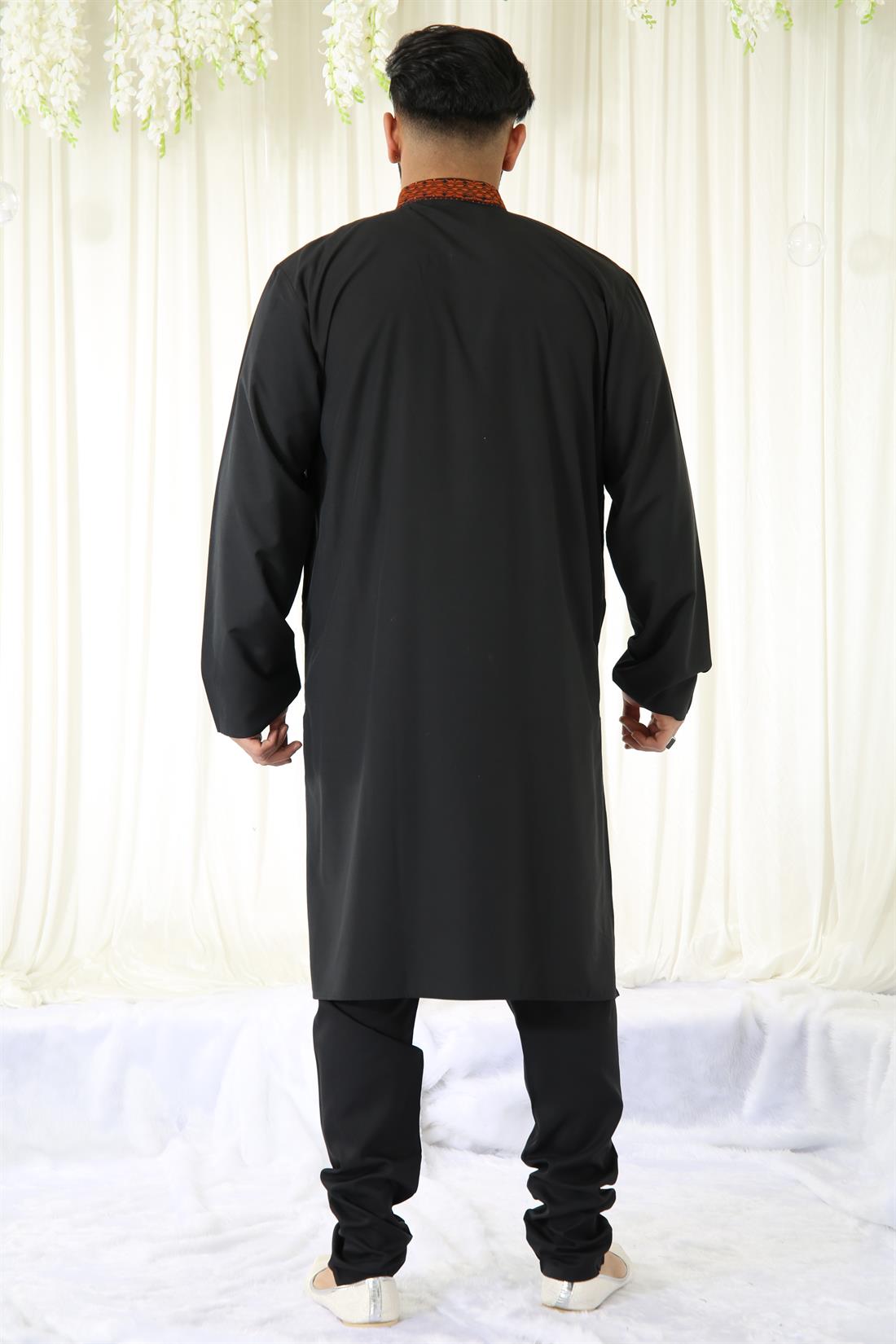 Black & Orange Plain Kurta with Machine Embroidery.