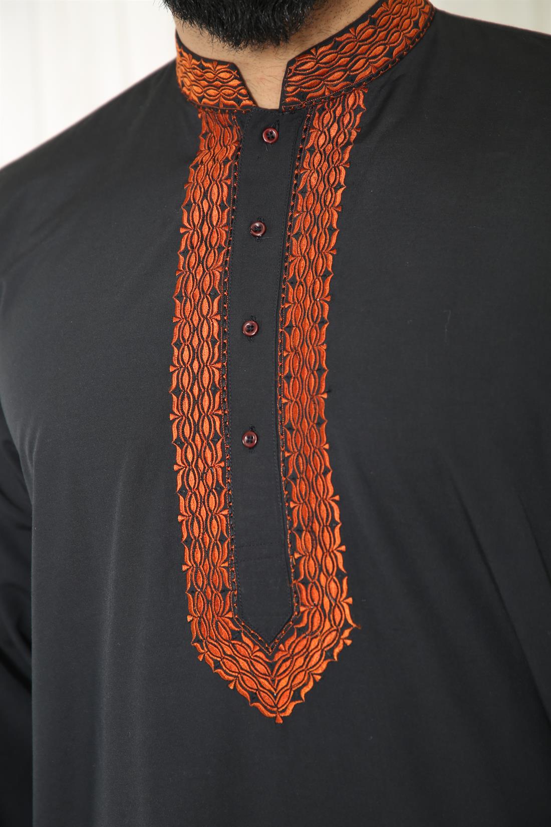 Black & Orange Plain Kurta with Machine Embroidery.