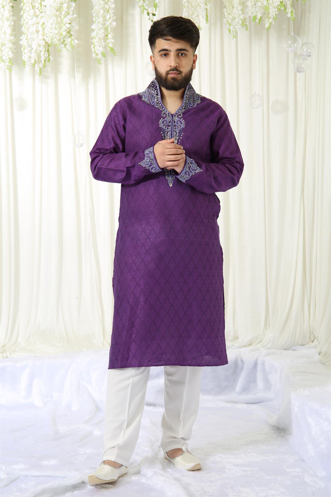 Purple & Silver Brocade Kurta with and Embroidery.