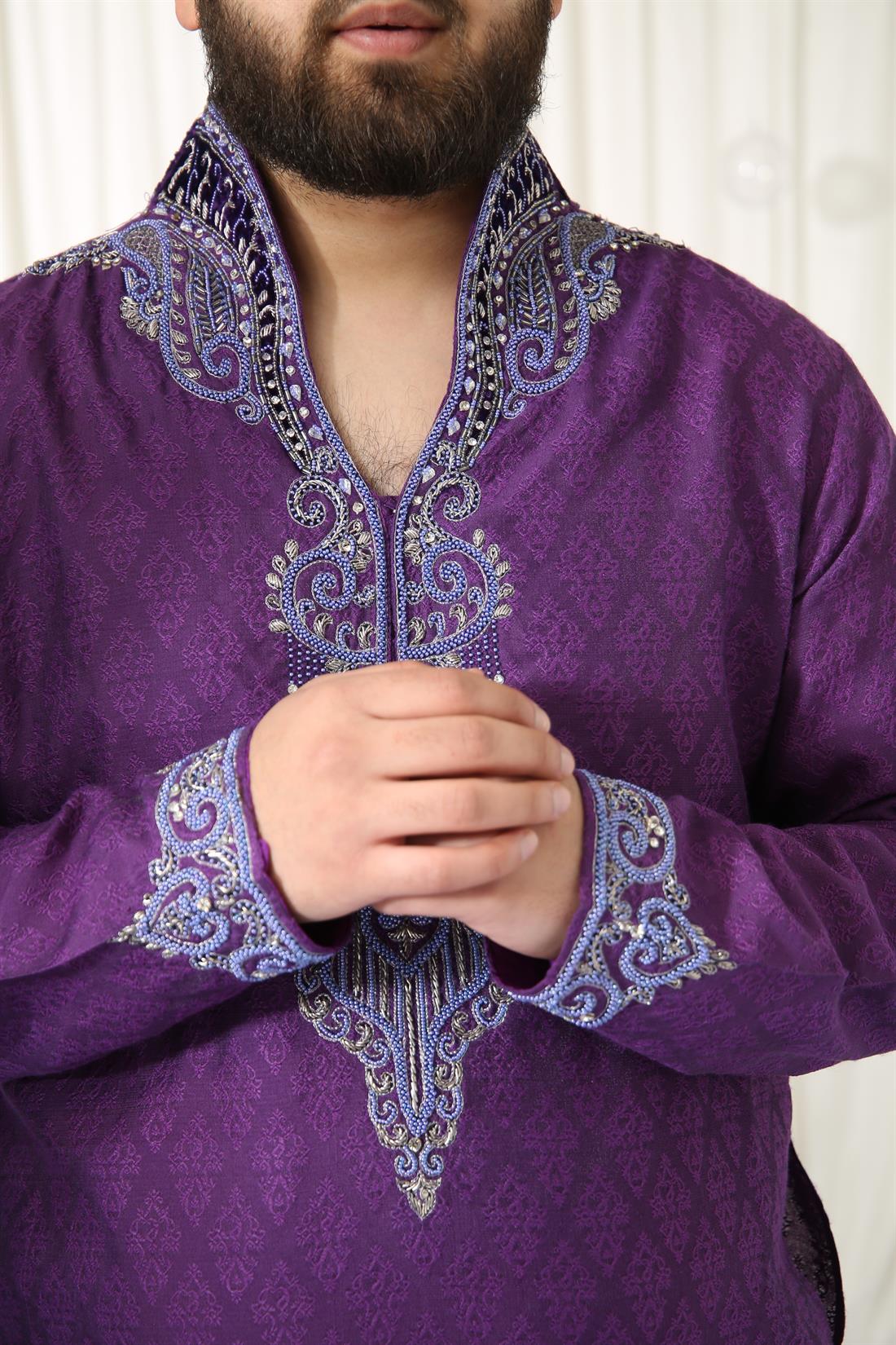 Purple & Silver Brocade Kurta with and Embroidery.