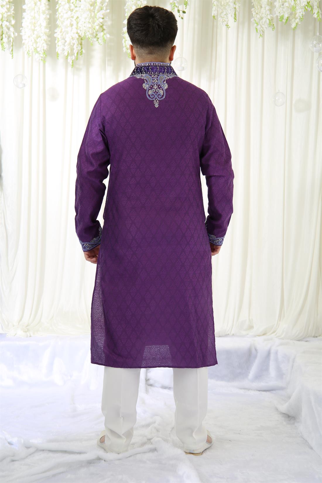 Purple & Silver Brocade Kurta with and Embroidery.