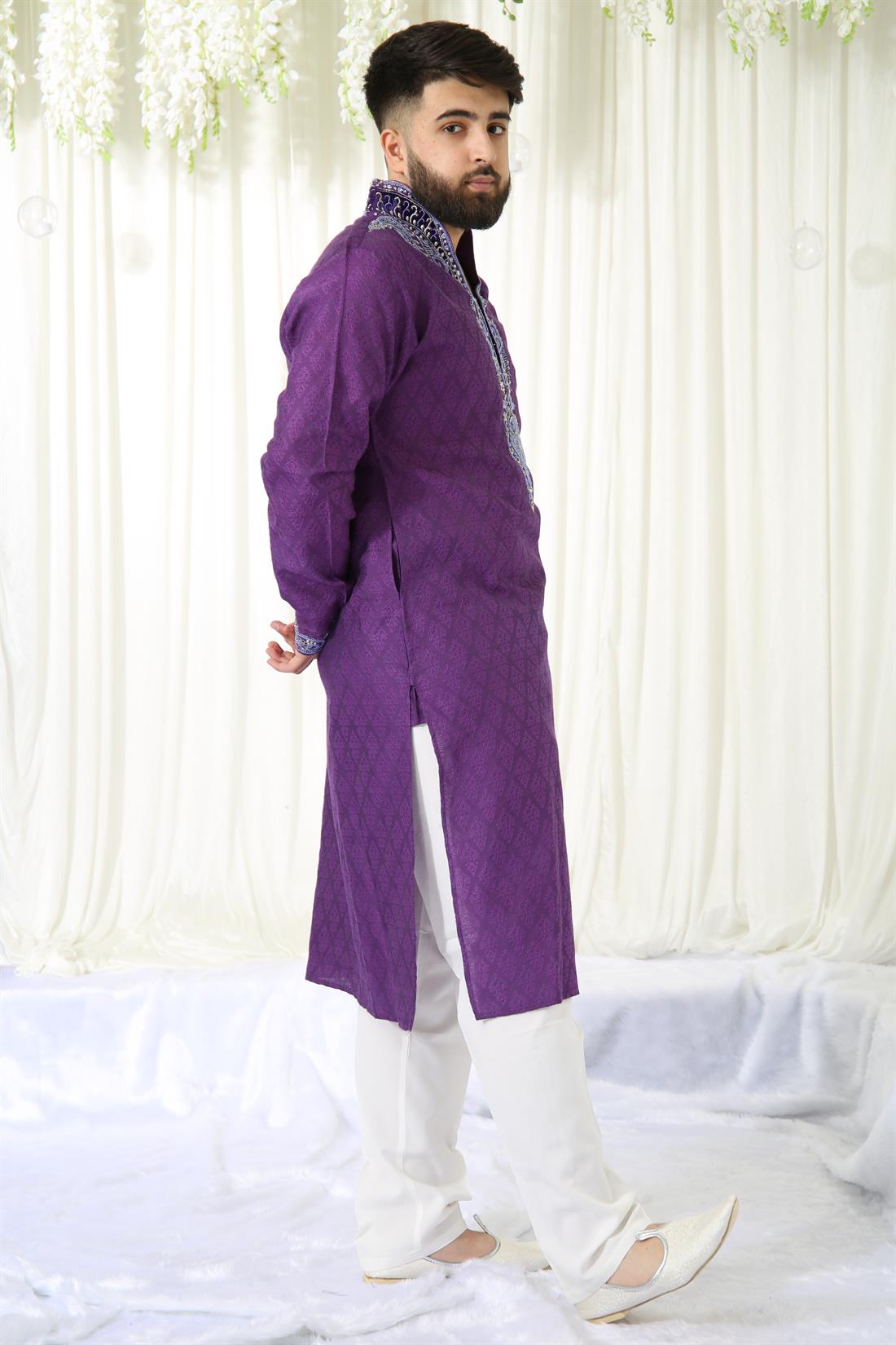 Purple & Silver Brocade Kurta with and Embroidery.