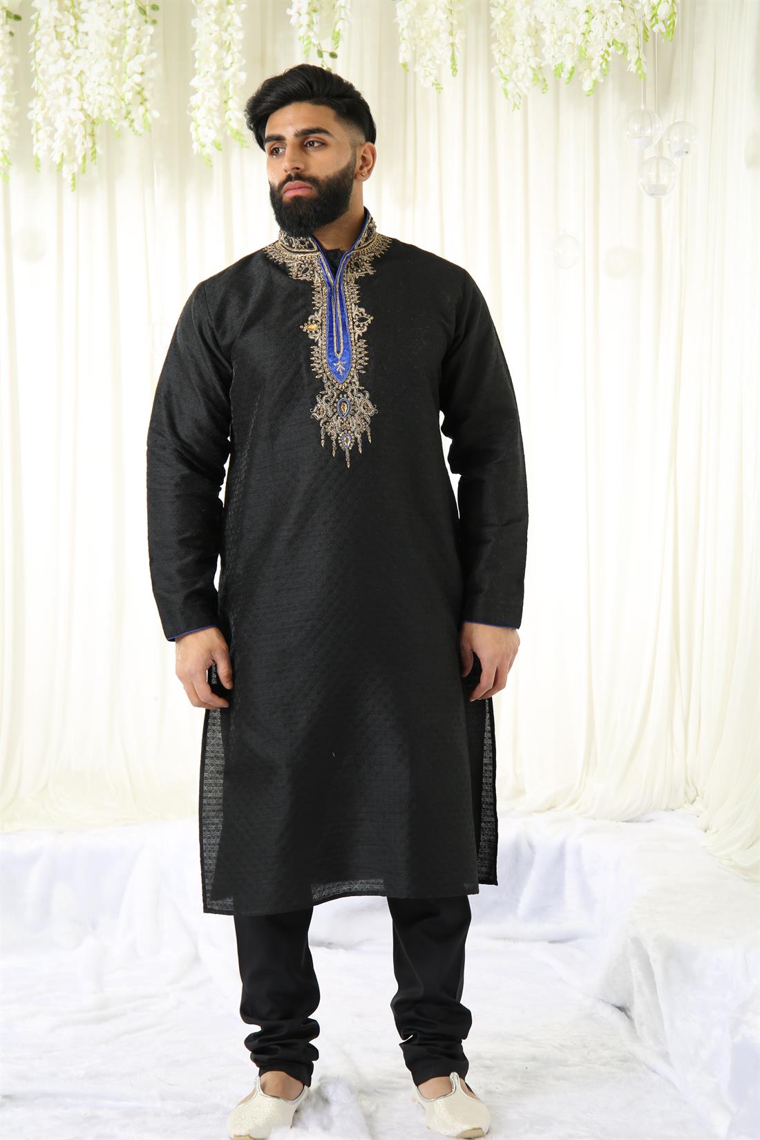 Black & Gold Brocade with Embroidery and Blue Velvet Touch .