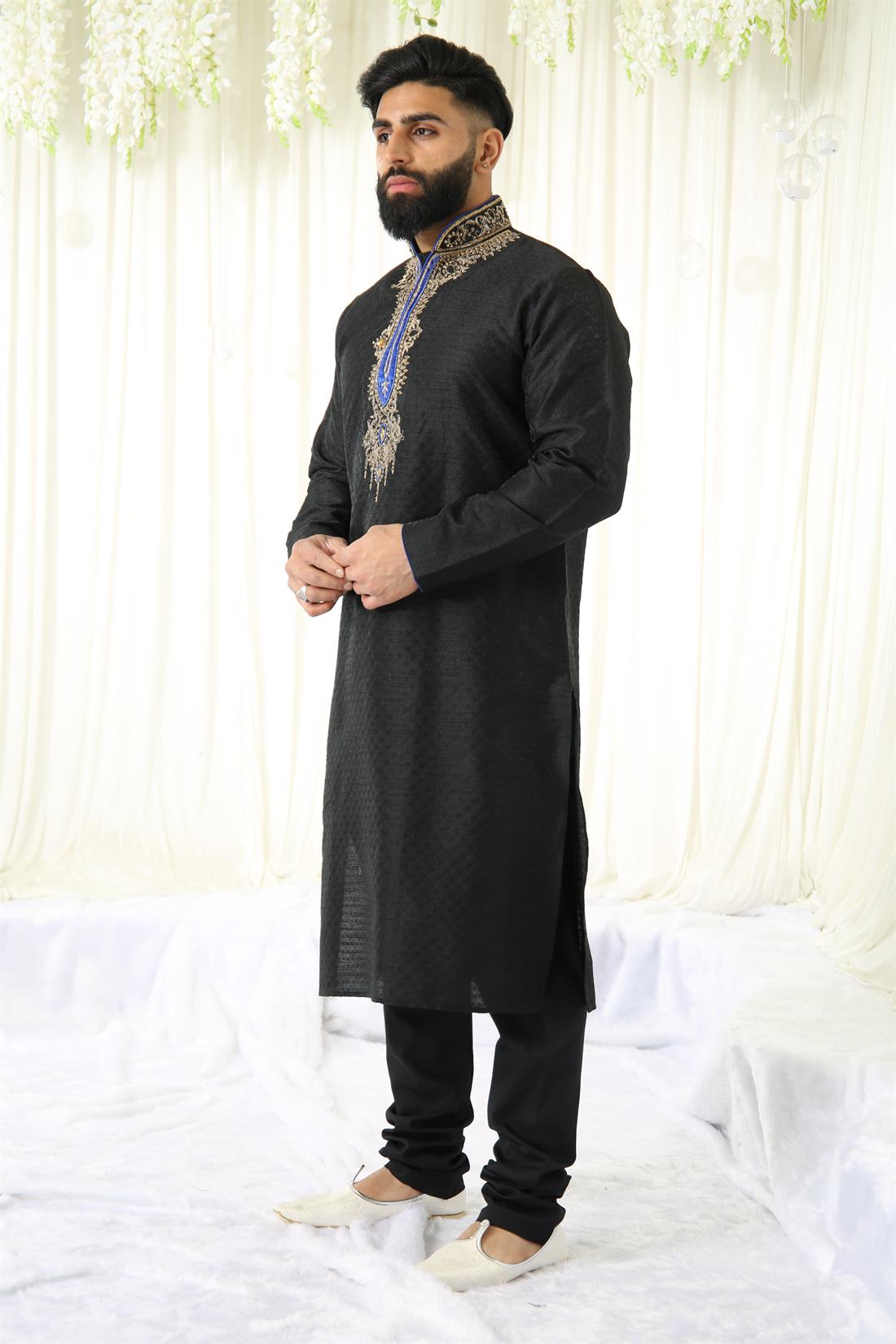 Black & Gold Brocade with Embroidery and Blue Velvet Touch .