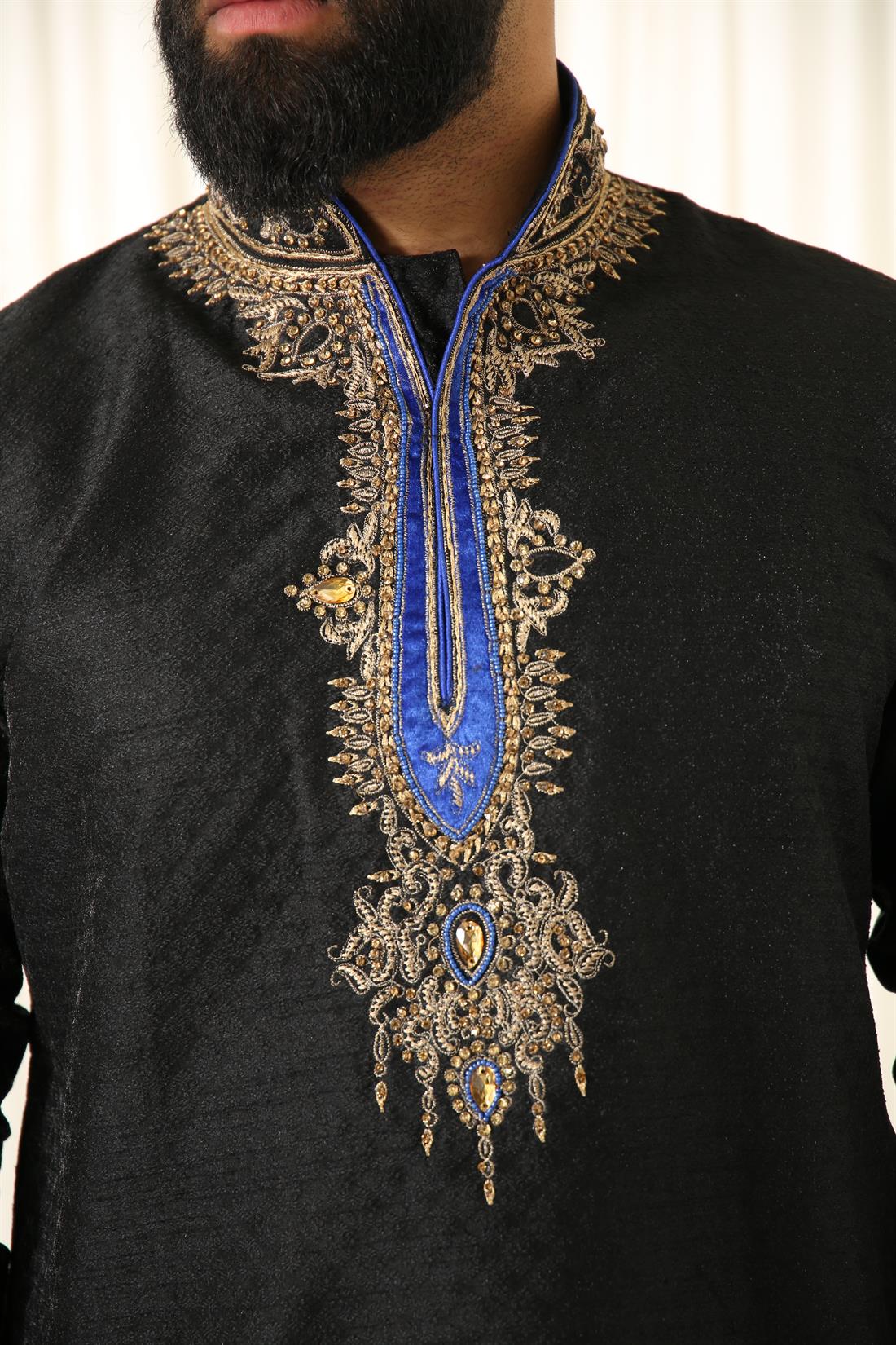 Black & Gold Brocade with Embroidery and Blue Velvet Touch .