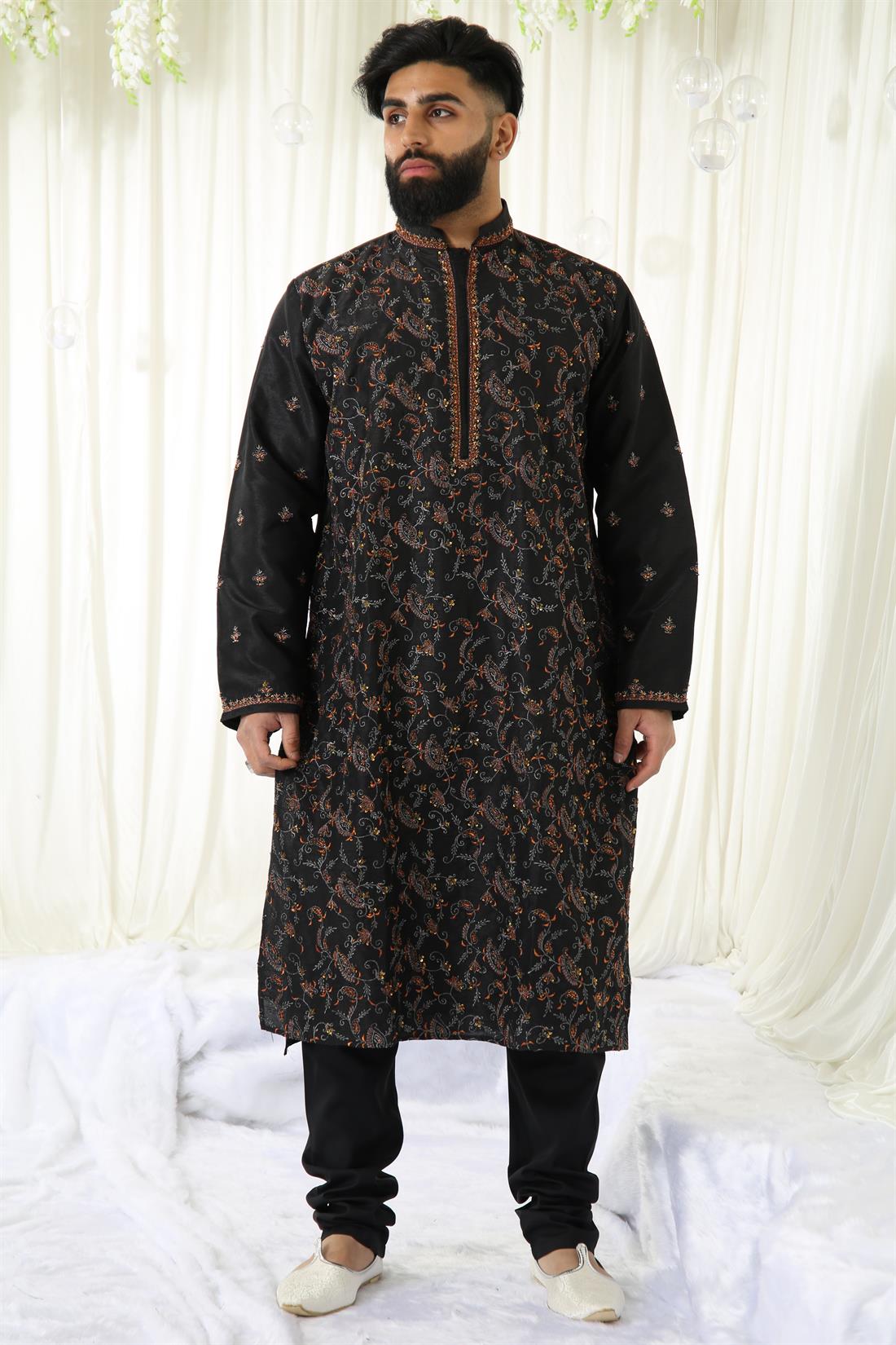 Black Kurta with Machine and Beads Work All Over Front.
