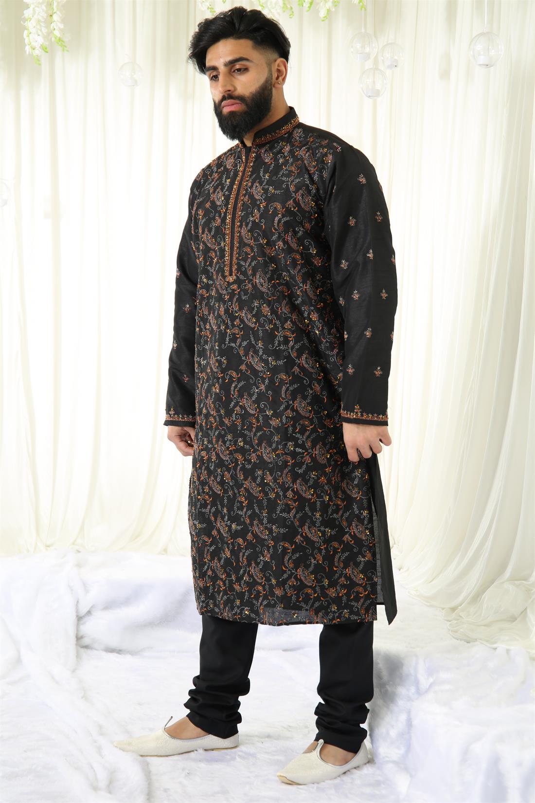 Black Kurta with Machine and Beads Work All Over Front.