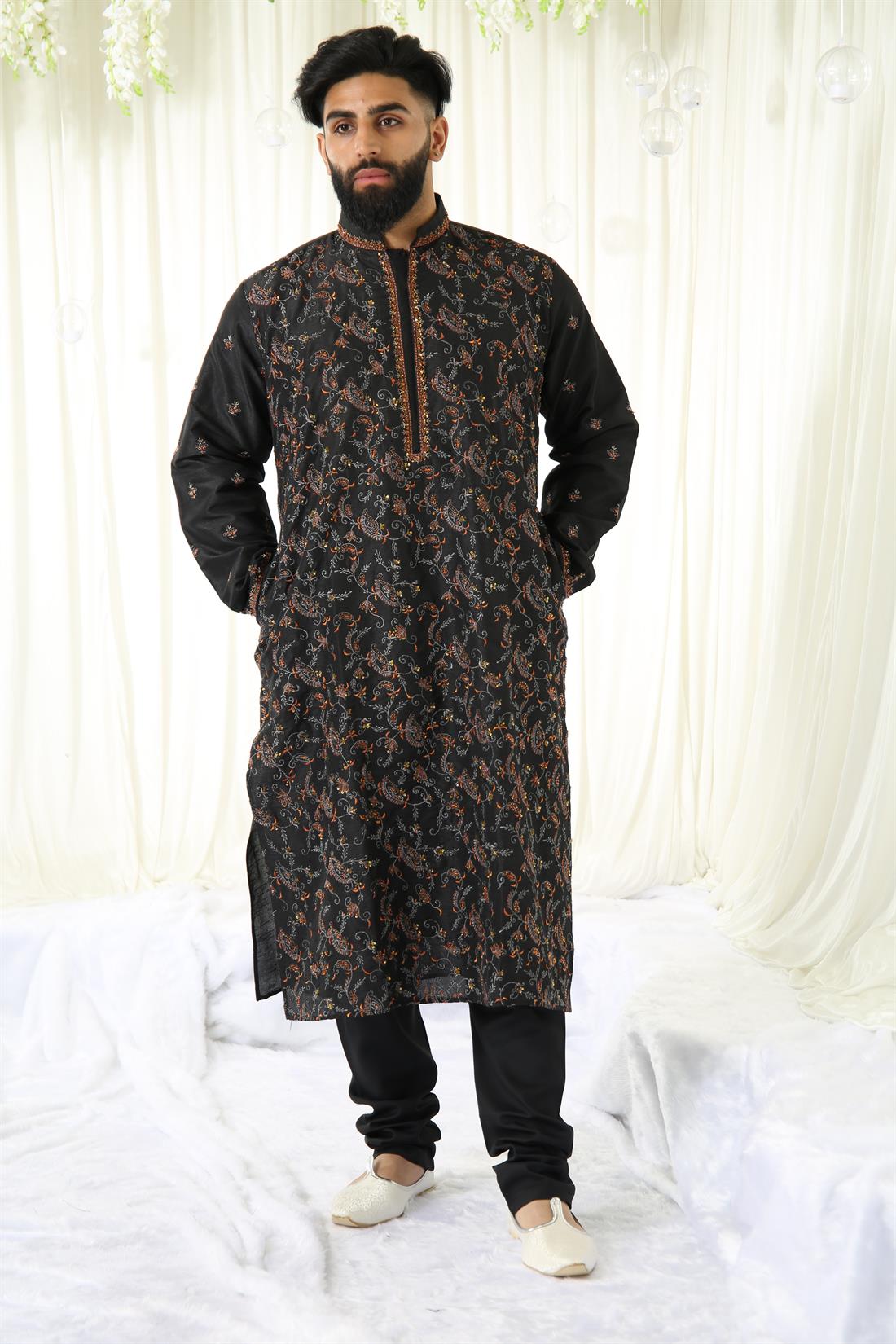 Black Kurta with Machine and Beads Work All Over Front.