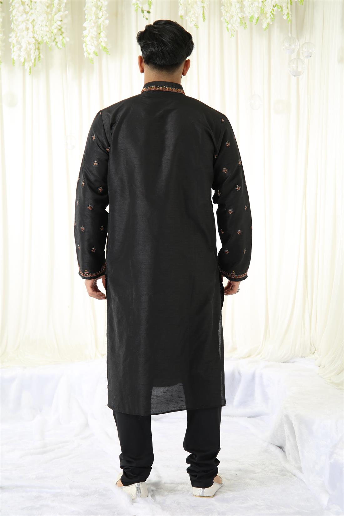 Black Kurta with Machine and Beads Work All Over Front.