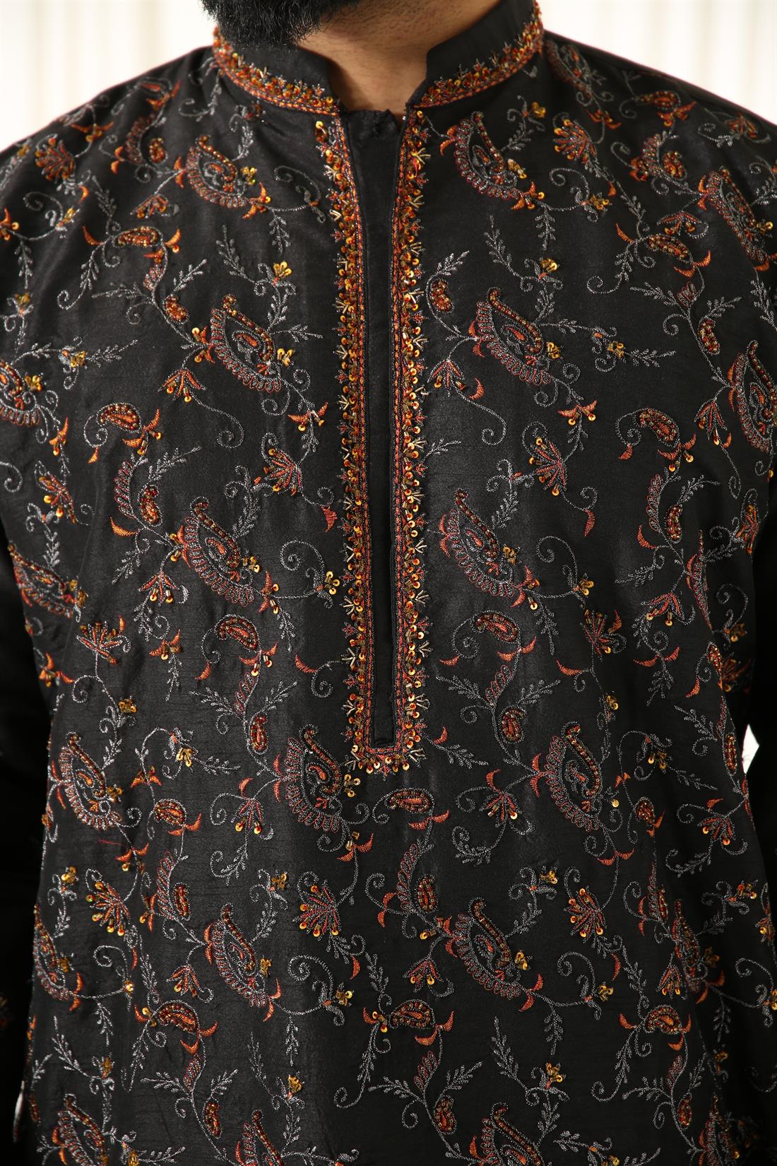 Black Kurta with Machine and Beads Work All Over Front.